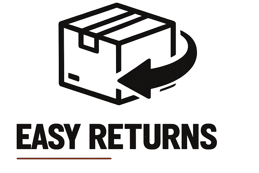 A black line icon of a cardboard box with a curved arrow around it above the words 'EASY RETURNS' on a plain white background.